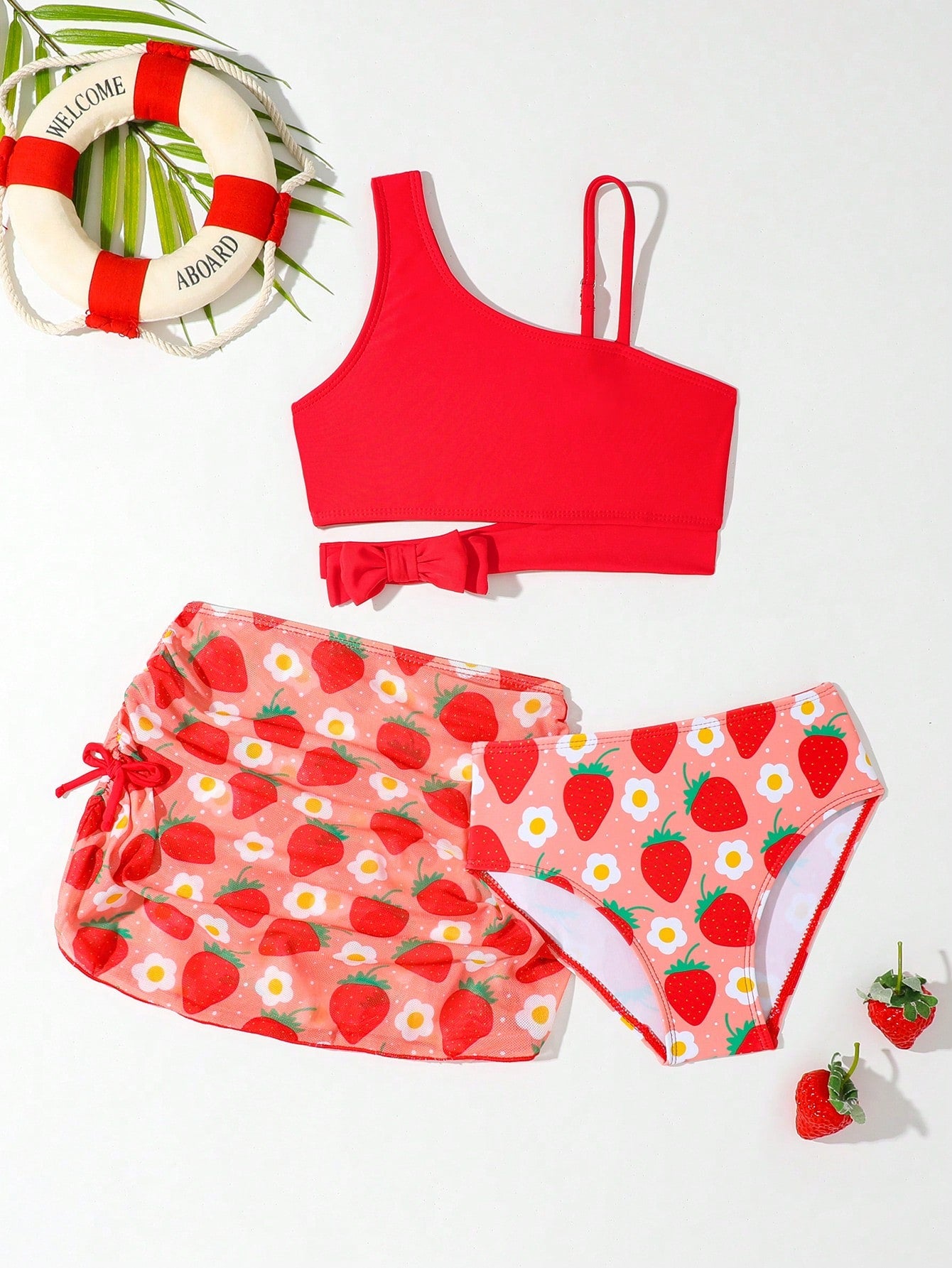 Young Girl Solid Color Top & Strawberry Print Bottom Swimwear Set