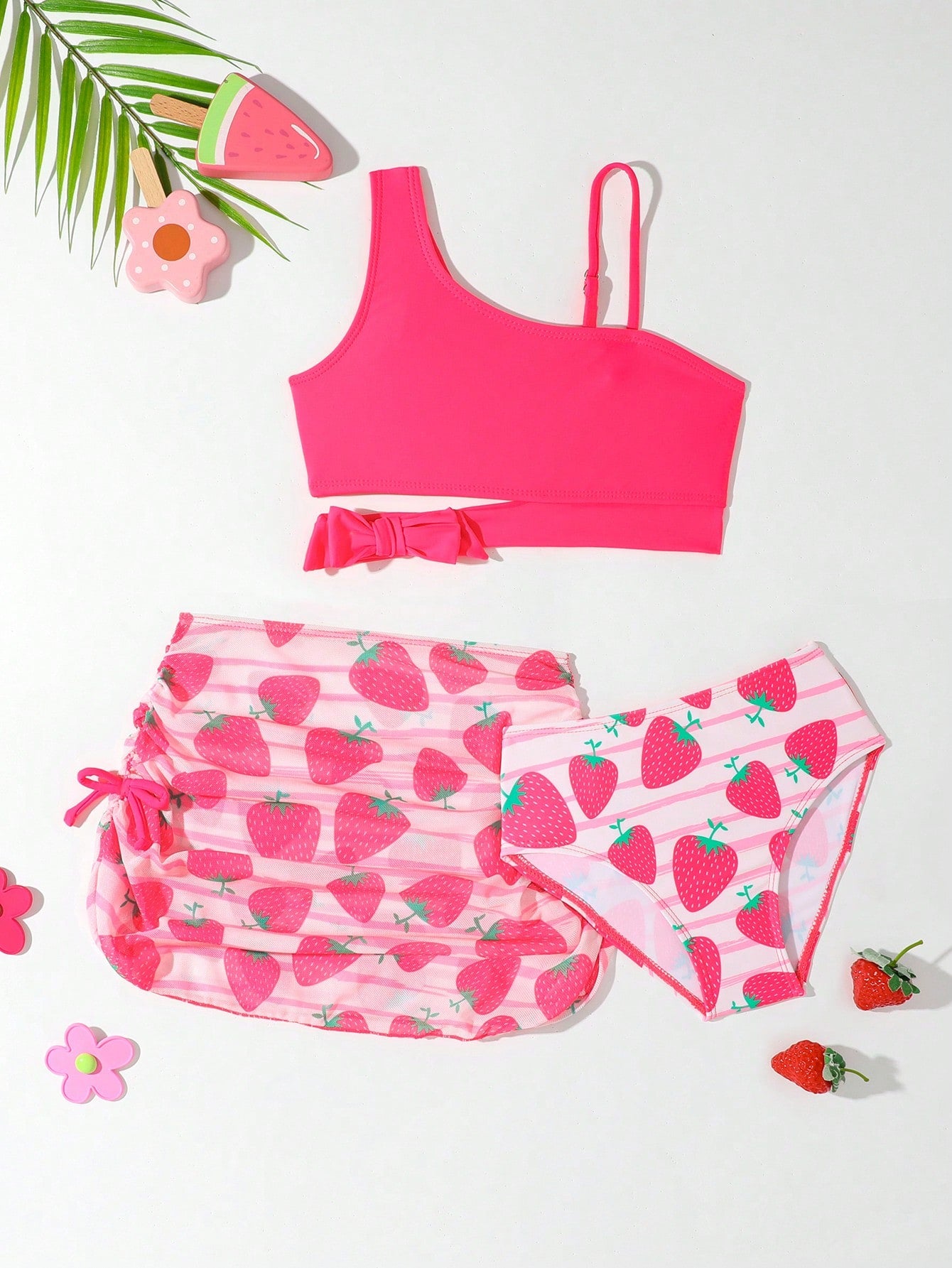 Young Girl Solid Color Top & Strawberry Print Bottom Swimwear Set