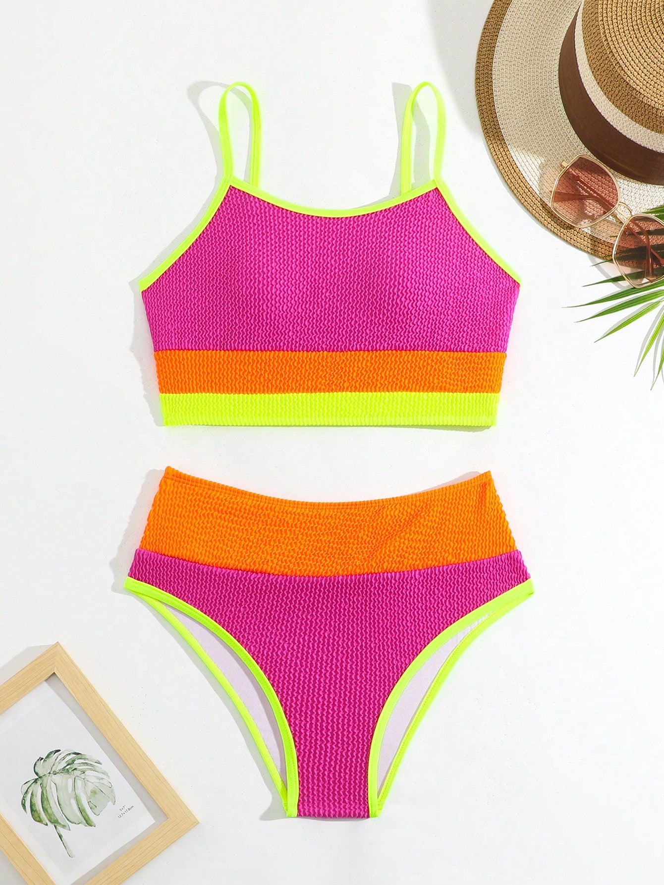 Teen Girl Color Block Neon Simple Daily Spaghetti Strap Bikini Set, Bathing Suit Summer Beach