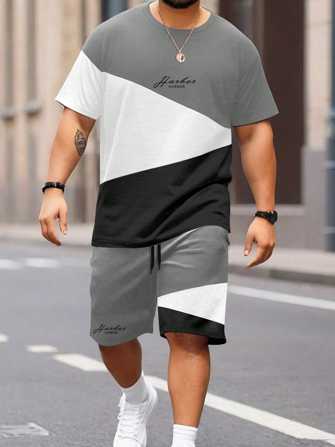 Plus Size Men Summer Fashion Three-Color Splice T-Shirt Set