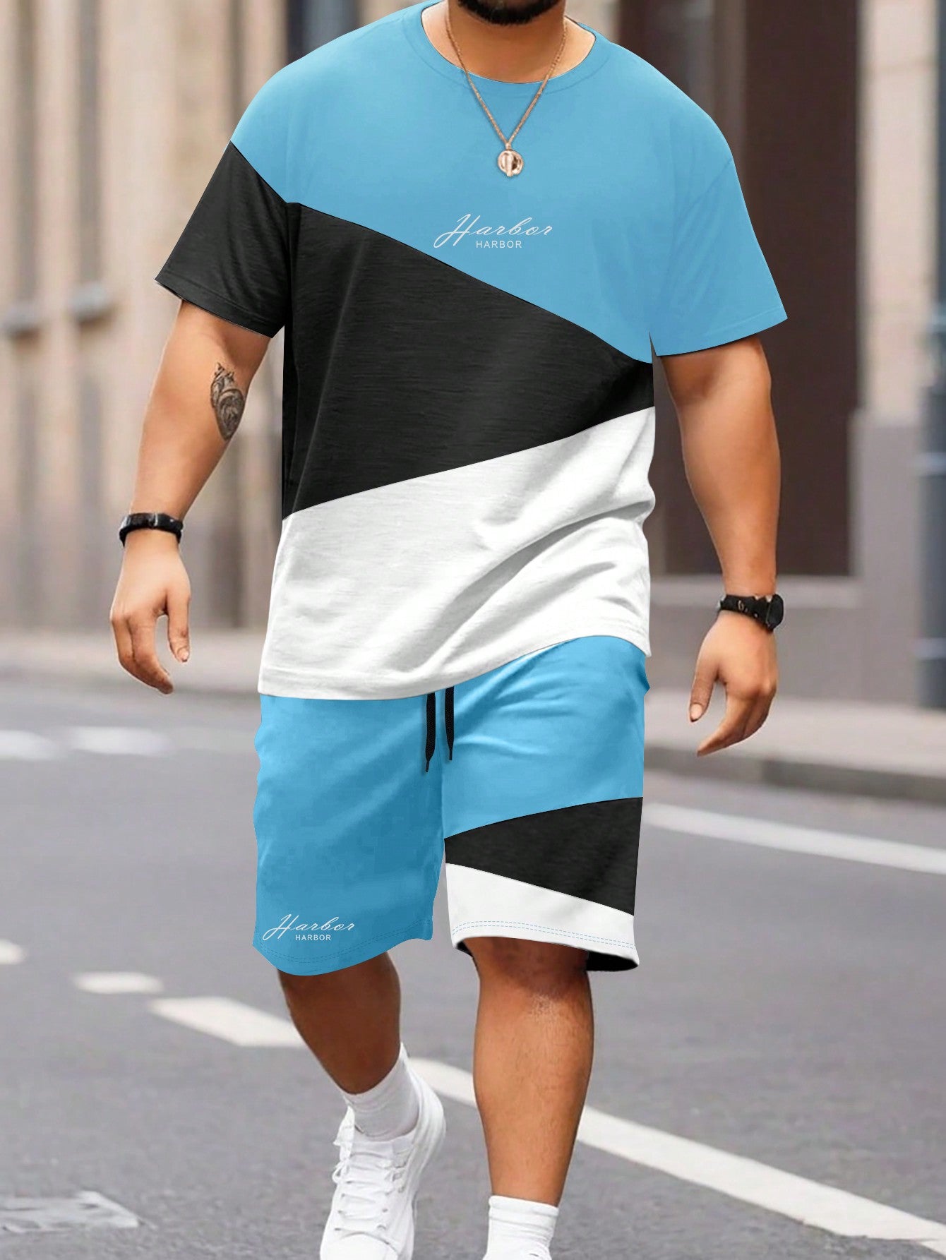 Plus Size Men Summer Fashion Three-Color Splice T-Shirt Set