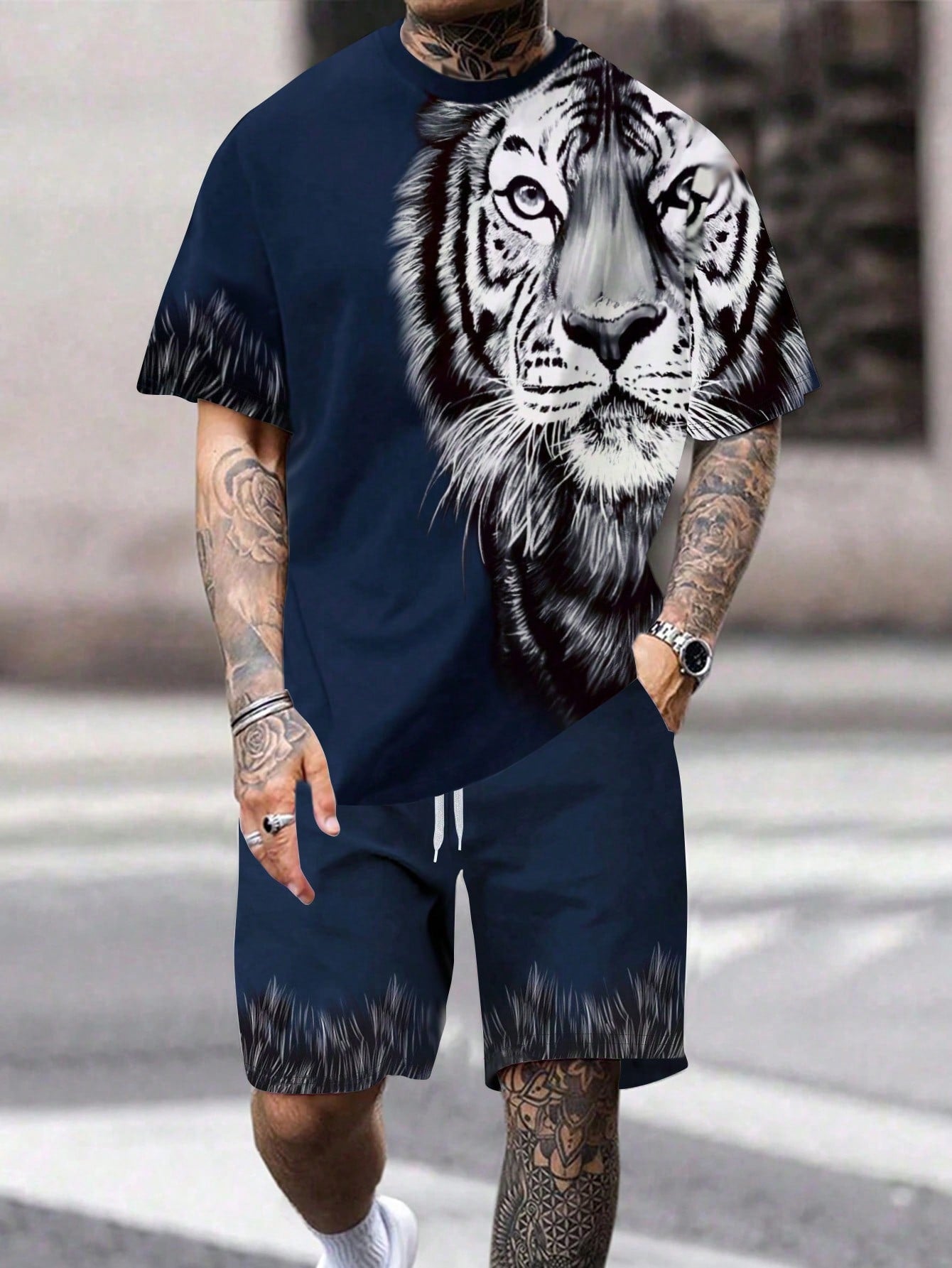 Men's Plus Size Fashionable Tiger Printed T-Shirt Set