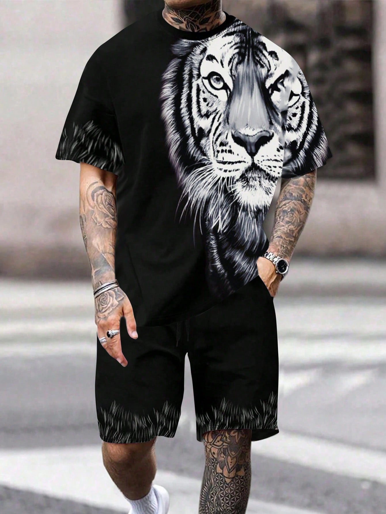 Men's Plus Size Fashionable Tiger Printed T-Shirt Set