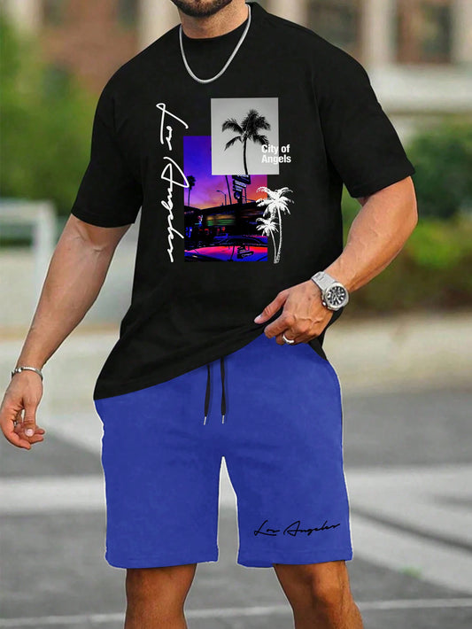 Men's Plus Size Summer Letter & Palm Tree Printed Round Neck Short Sleeve Casual T-Shirt And Drawstring Waist Shorts Set