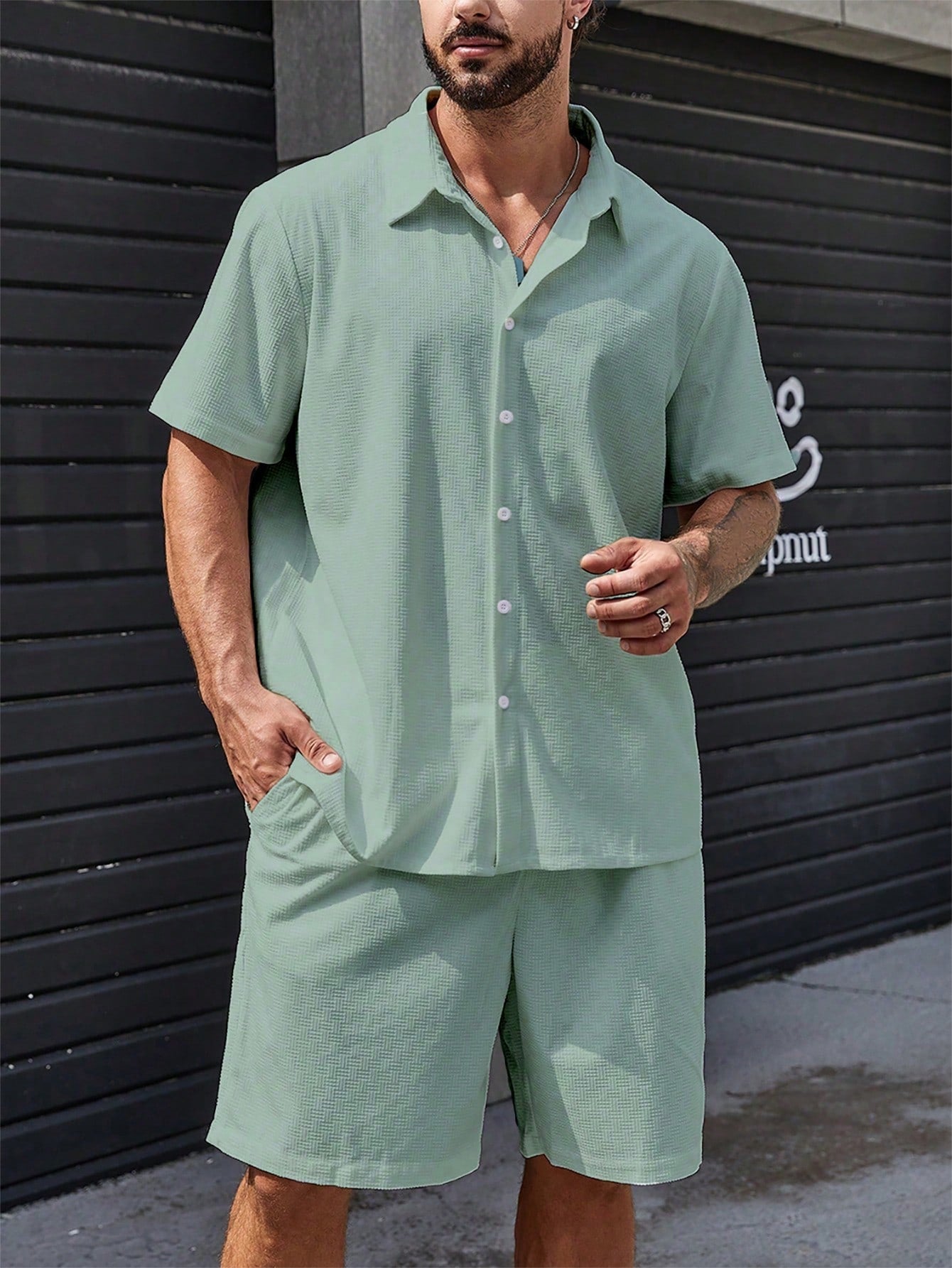 Men Plus Solid Button Up Shirt & Shorts