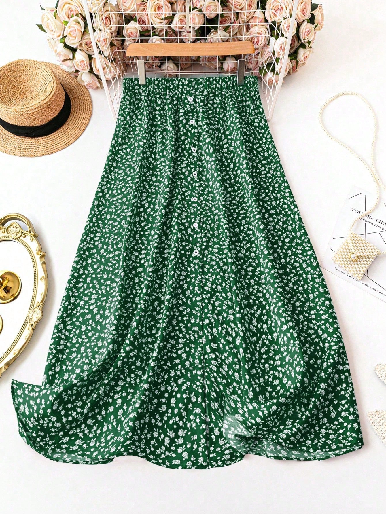 Plus Size Vacation Leisure Front Button Floral Print Skirt