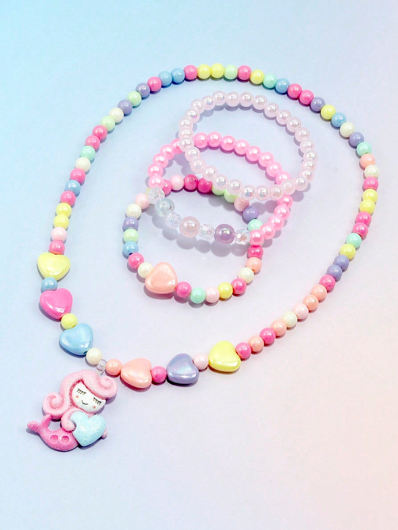 4pcs/set Girls' Lovely Mermaid Pendant Beaded Bracelet & Necklace Set For Daily Wear, All Seasons, Random Color