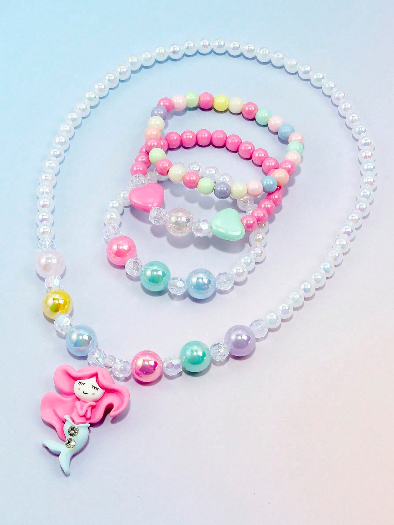 4pcs/set Girls&#39; Lovely Mermaid Pendant Beaded Bracelet &amp; Necklace Set For Daily Wear, All Seasons, Random Color