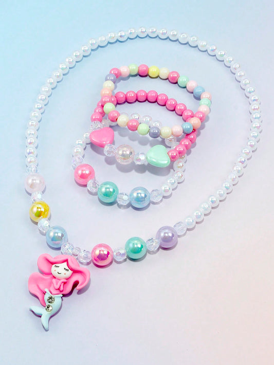 4pcs/set Girls' Lovely Mermaid Pendant Beaded Bracelet & Necklace Set For Daily Wear, All Seasons, Random Color