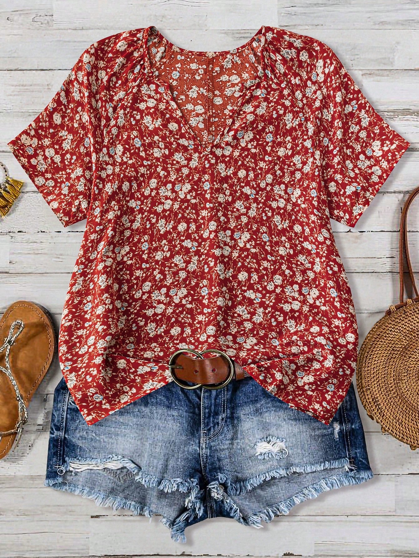 Women's Floral Printed V-Neck Short Sleeve Shirt, Summer