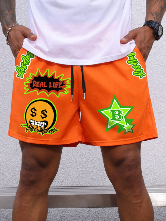 Men's Plus Size Summer Casual Cartoon Letter Print Drawstring Waist Orange Shorts