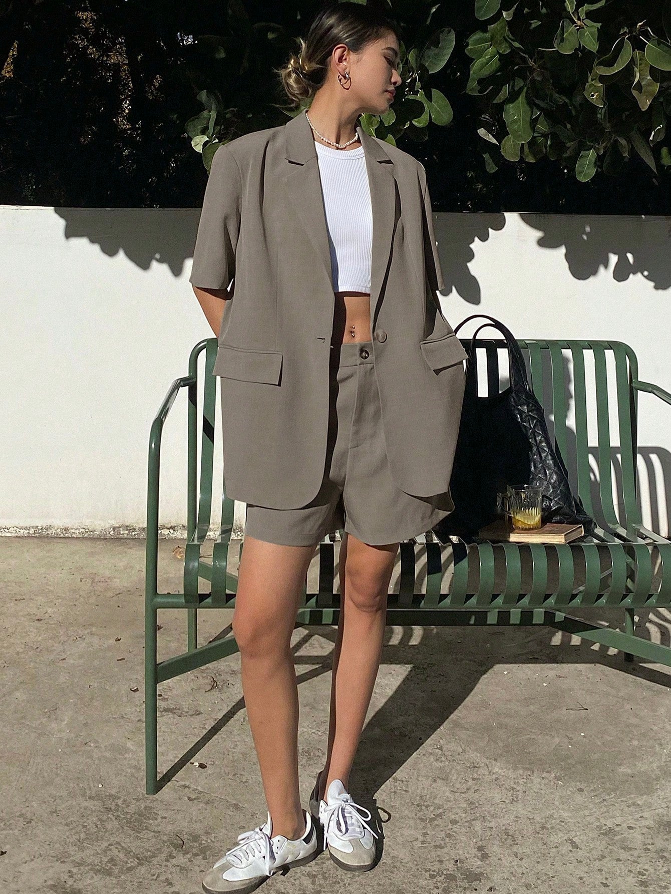 Women's Solid Color Suit Collar Casual Long Sleeve Blazer Jacket And Shorts Set