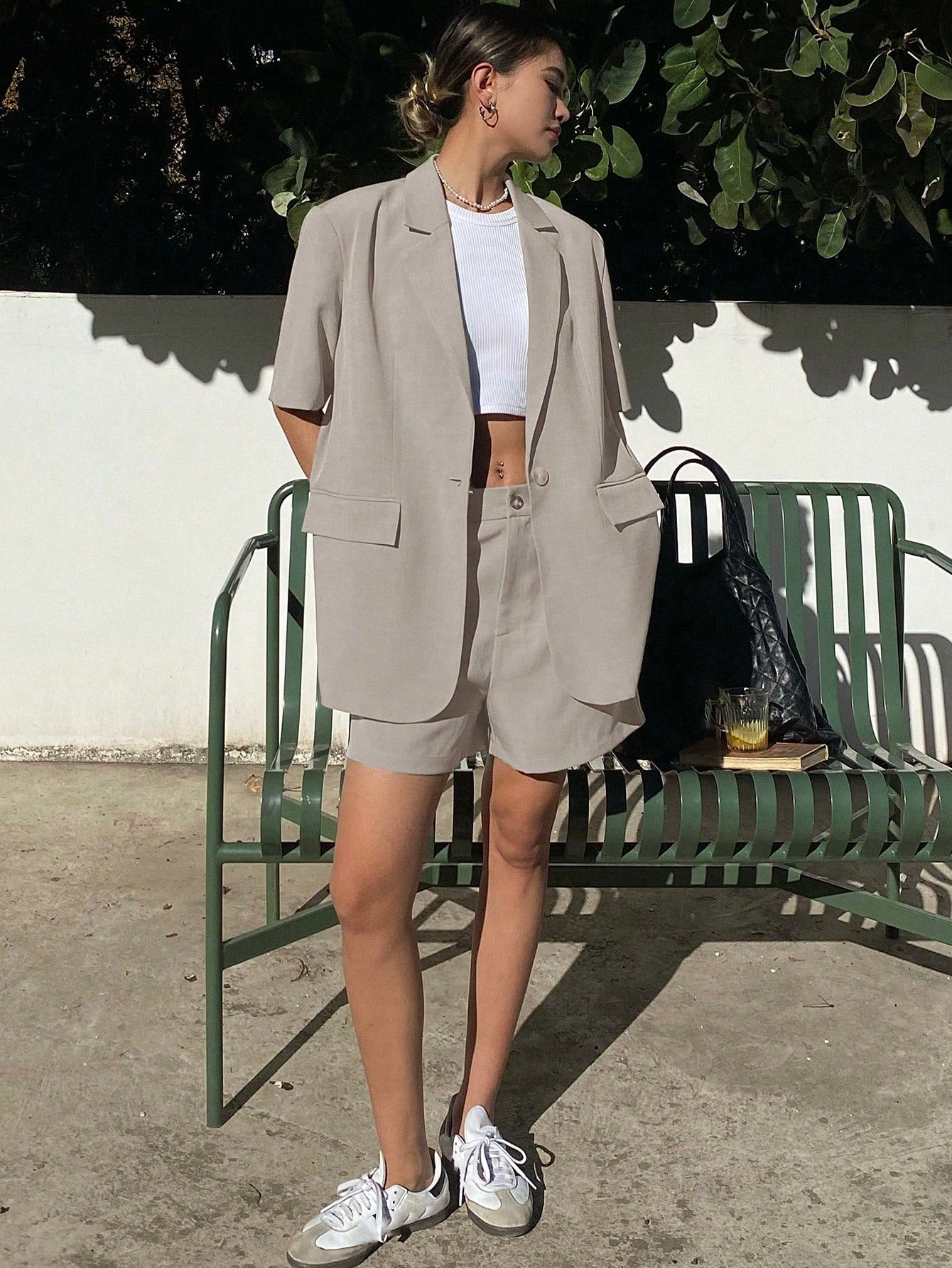 Women's Solid Color Suit Collar Casual Long Sleeve Blazer Jacket And Shorts Set