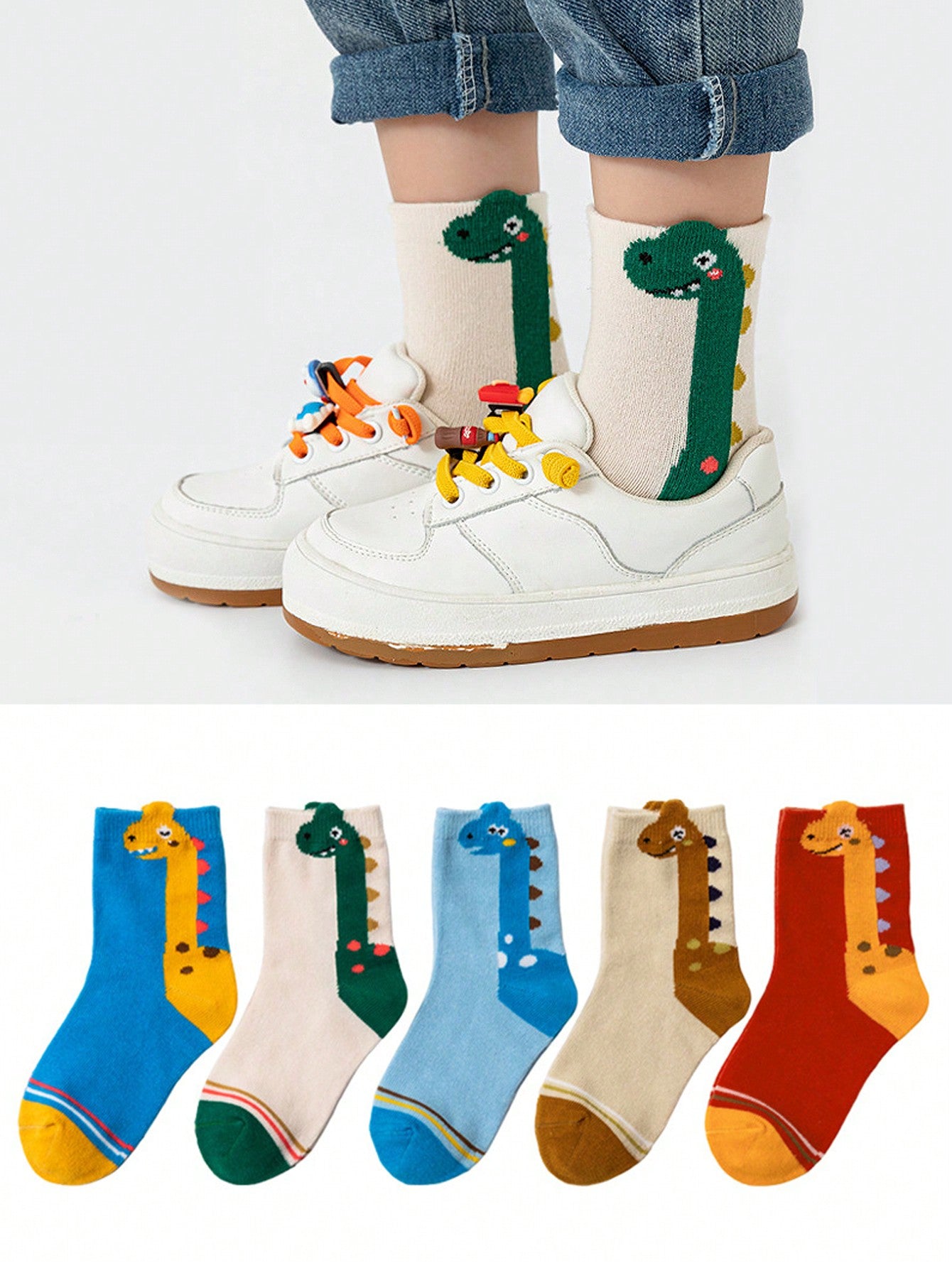 5 Pairs Cartoon Neck Dinosaur Design Children's Socks, Mid-Calf, For Spring And Autumn