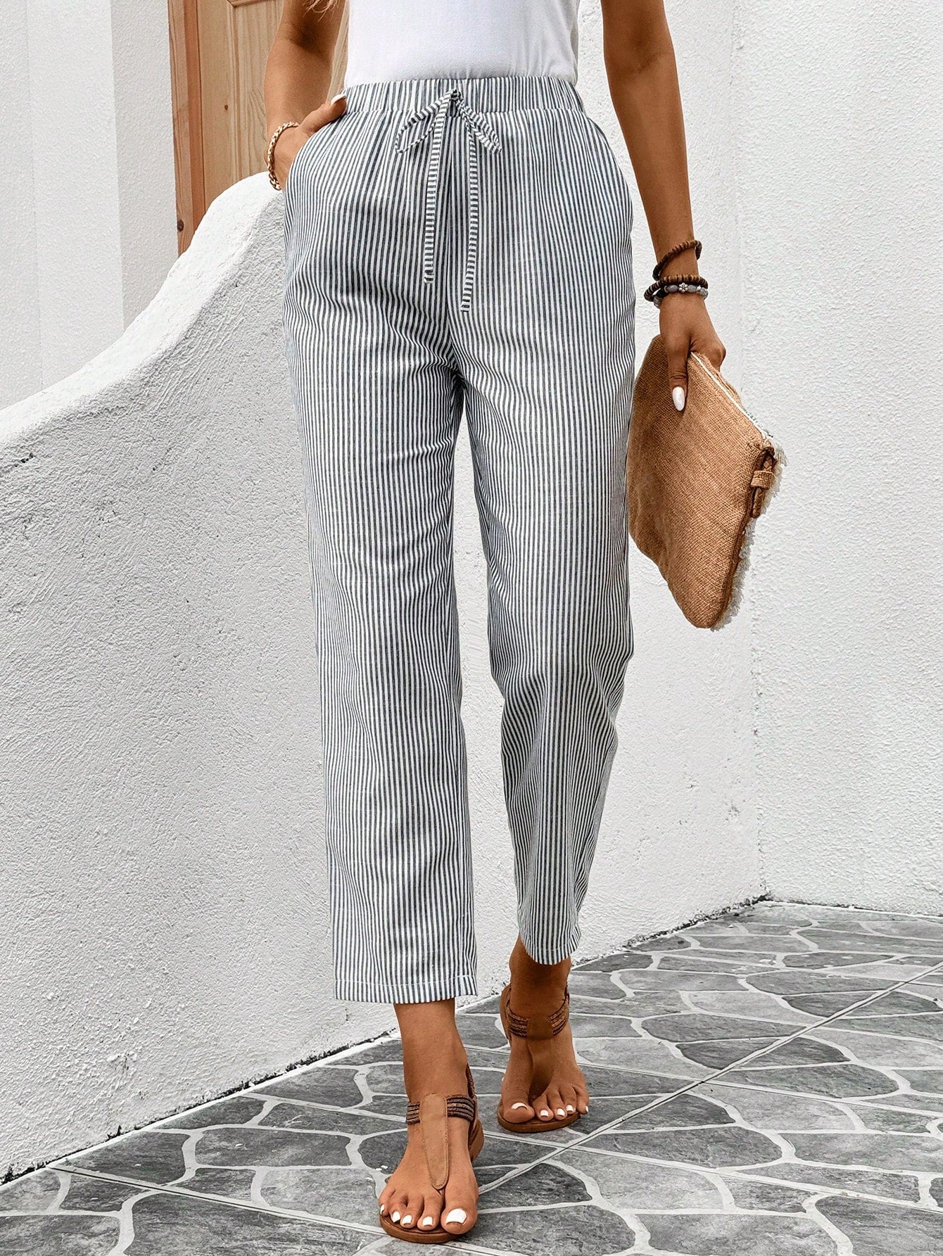 Solid Drawstring Waist Straight Leg Pants