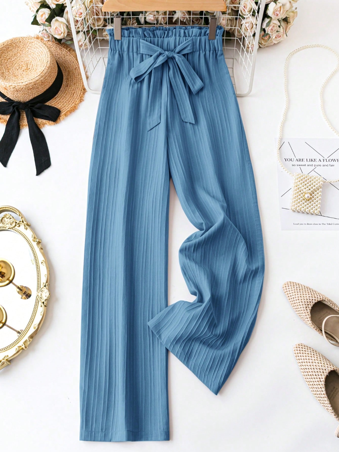 Ladies' Solid Colored Textured Paper Bag Waist Long Pants