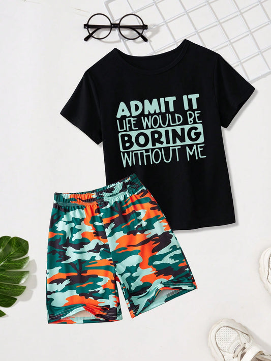 Young Boy Slogan Printed T-Shirt And Shorts Casual Set, Summer