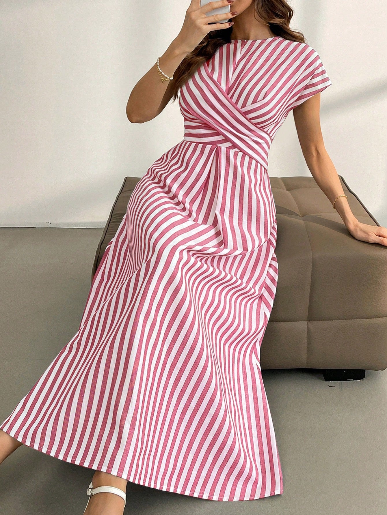 Women Plain Cross-Front Blue And White Striped A-Line Dress