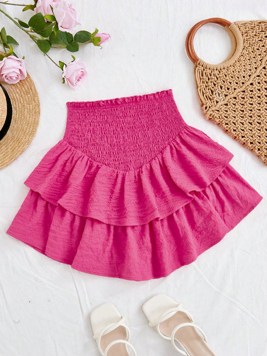 Teen Girl High Waist Red Pleated A-Line Skirt With Unique Waistline Weaving And Layered Textured Material