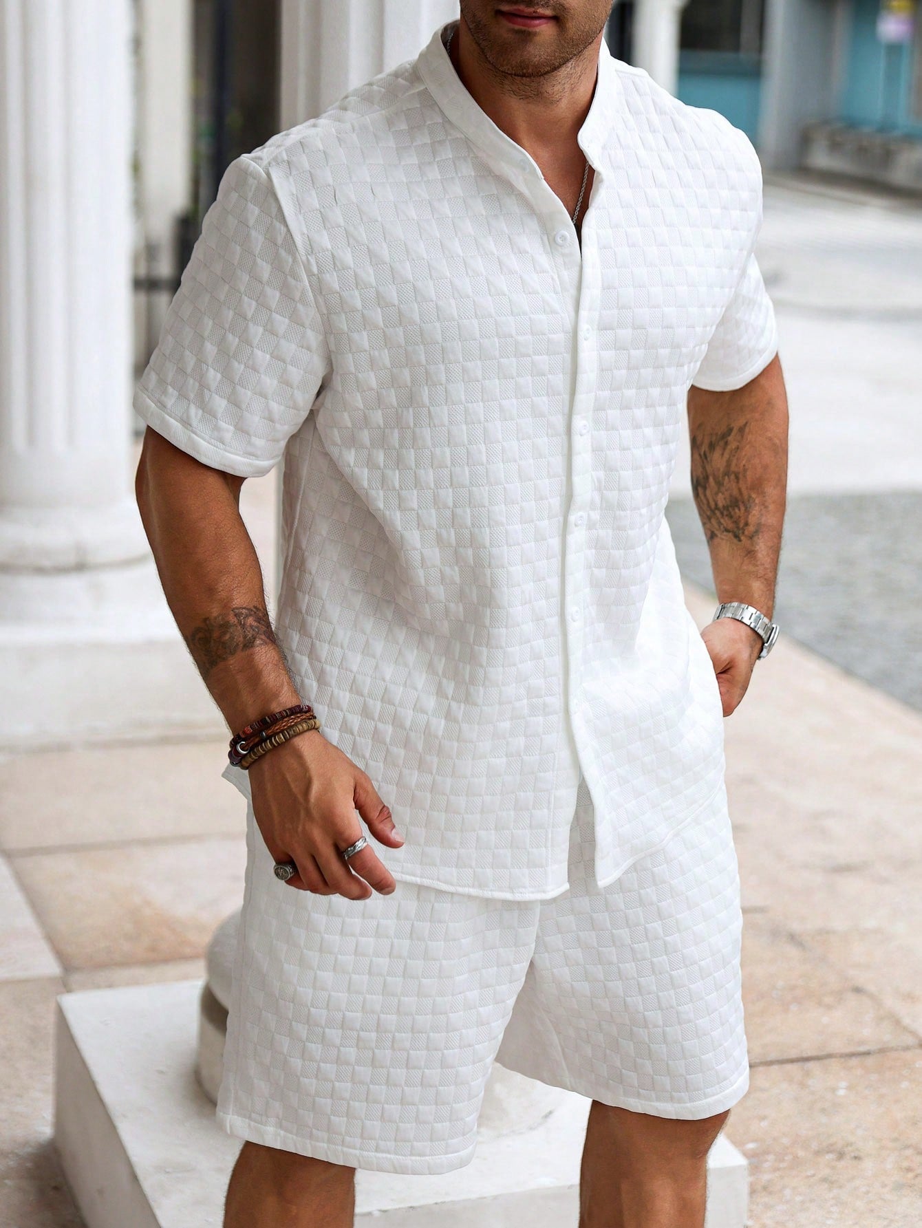 Men's Plus Size Solid Color Simple Daily Short Sleeve Shirt And Shorts Set