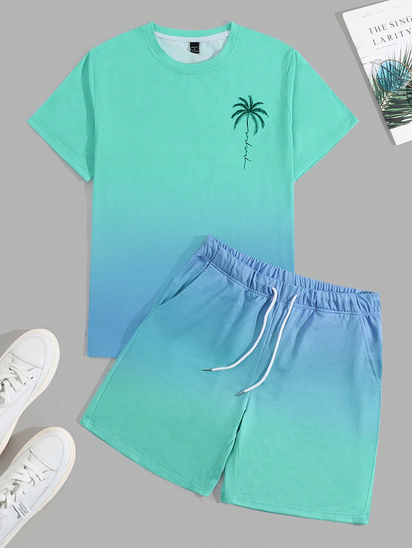 Men's Color Block Round Neck Short Sleeve T-Shirt And Pocket Design Shorts 2pcs/Set