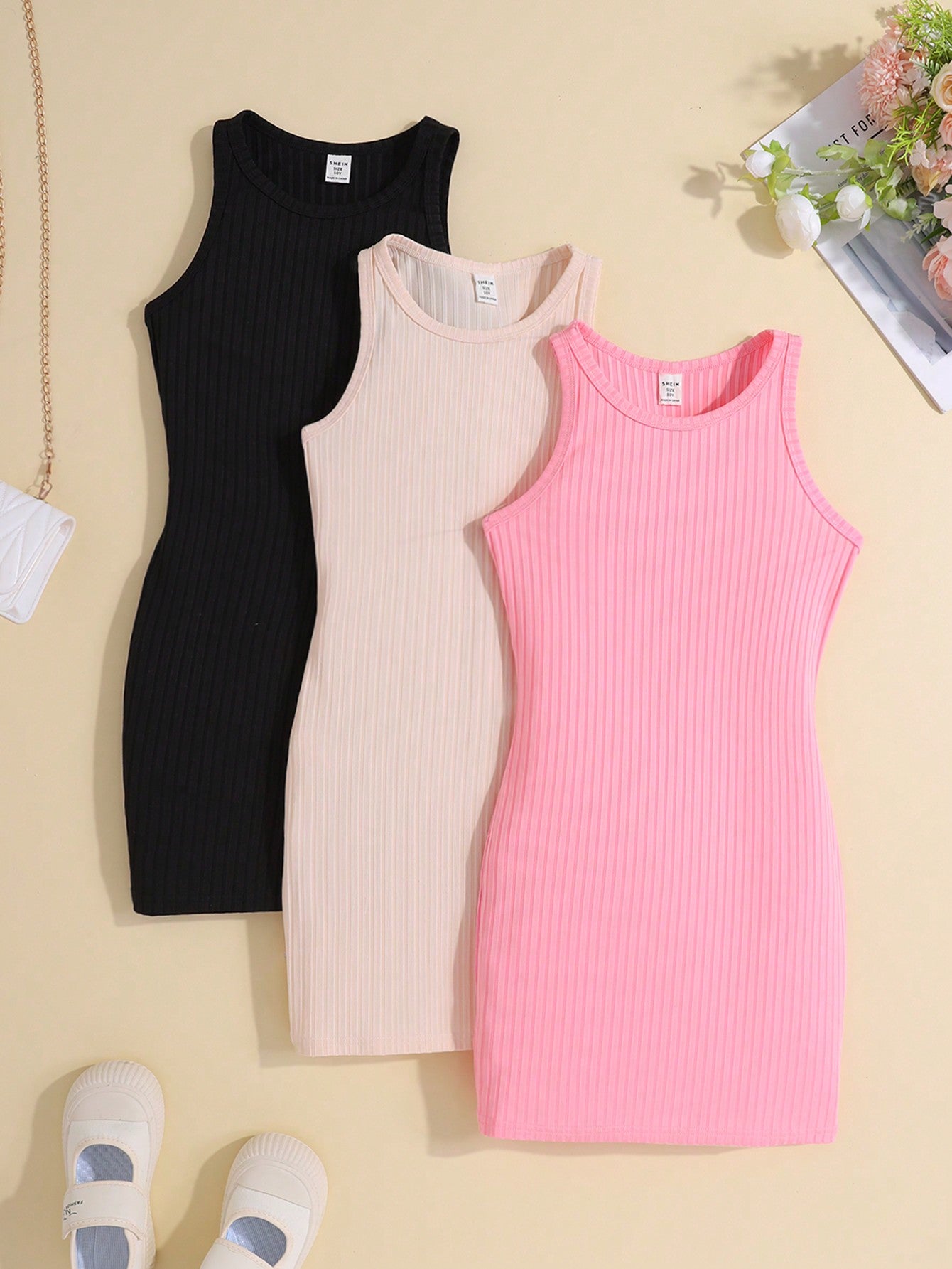 Tween Girls' Knitted Solid Color Sleeveless Bodycon Dress Set With Round Neck And Outerwear