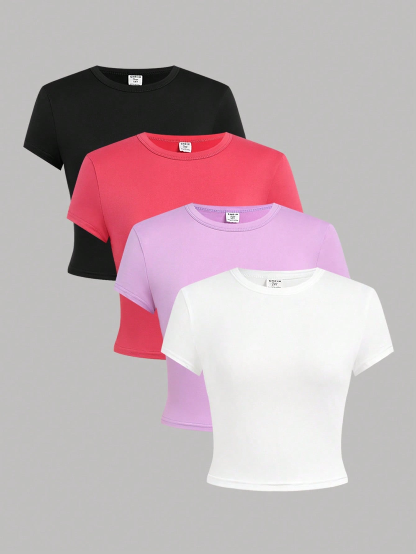 4pcs Short Knit Solid Color Tight-Fitting Crop Top T-Shirt Set For Teen Girls