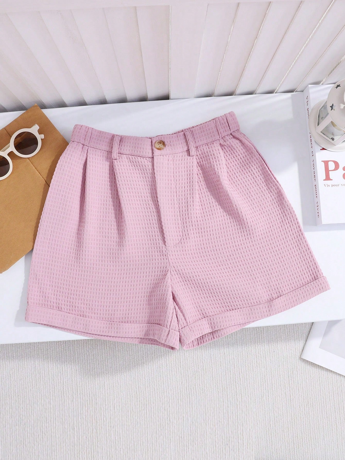 Solid Color Pleated Casual Straight Shorts For Tween Girls