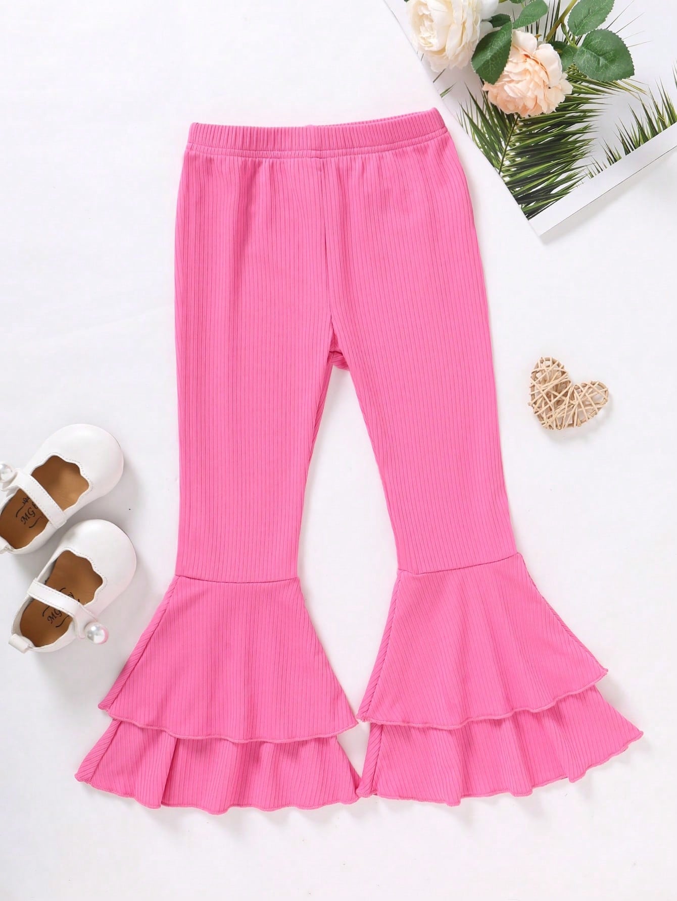 Girls' Vintage Style Solid Color Double-Layered Flared Pants With Elastic Waist, Summer