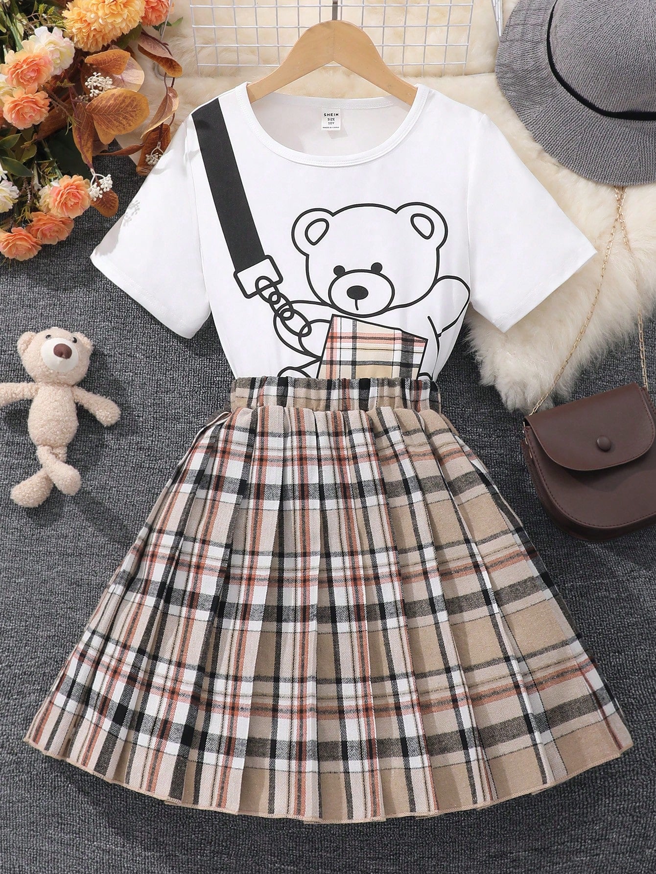 Tween Girl Cute Bear Printed Short Sleeve Top + Plaid A-Line Skirt Set