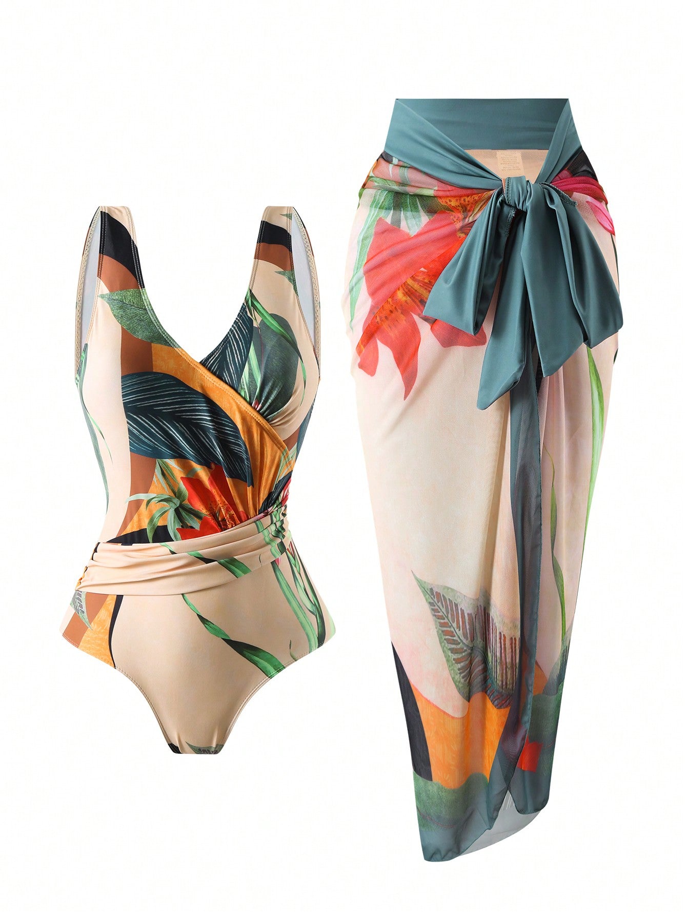 Digital Print Strap Retro Style Women's Swimwear With Mesh Skirt 2pcs/set