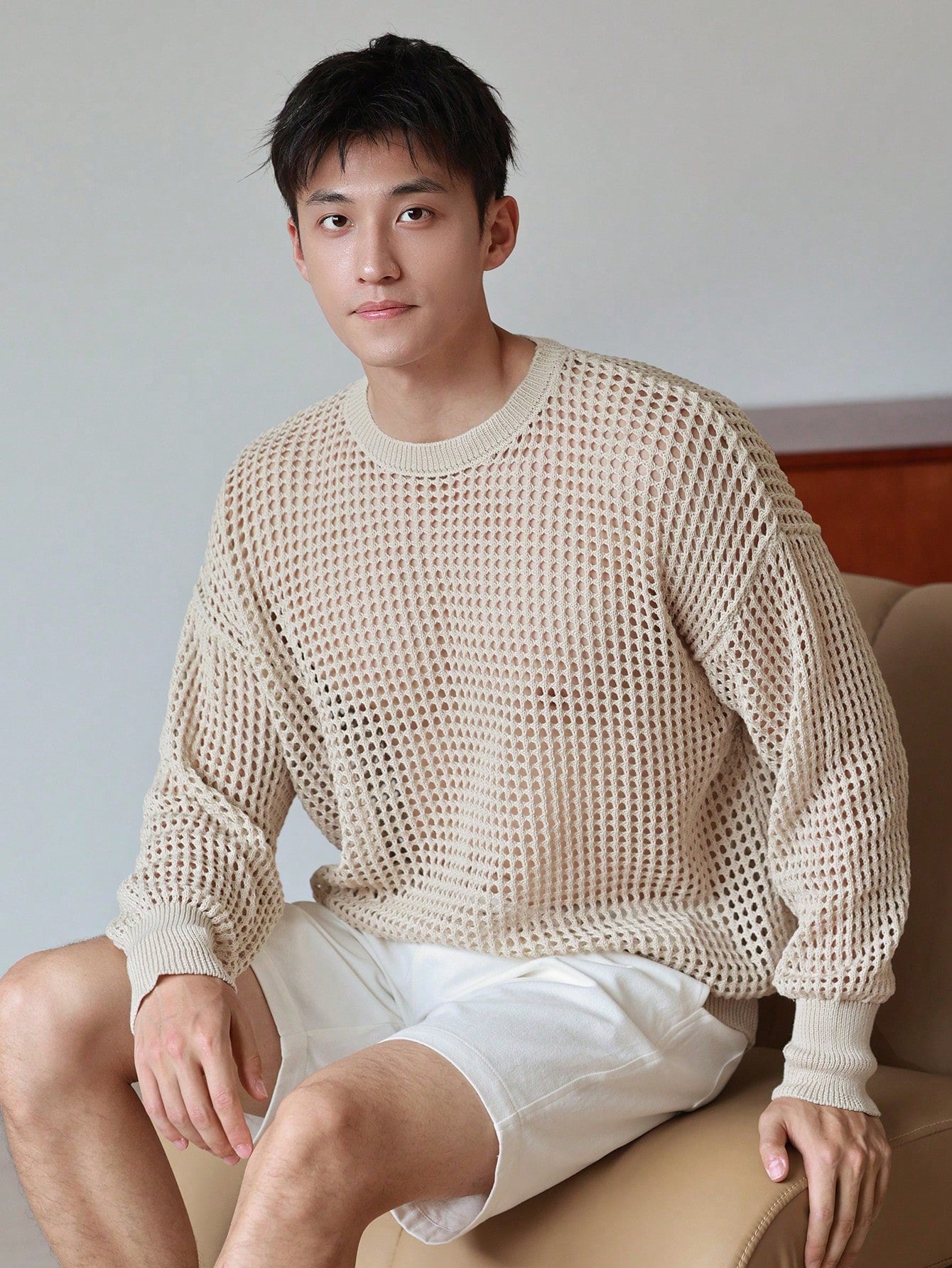 Men's Round Neck Drop Shoulder Long Sleeve Hollow Out Sweater