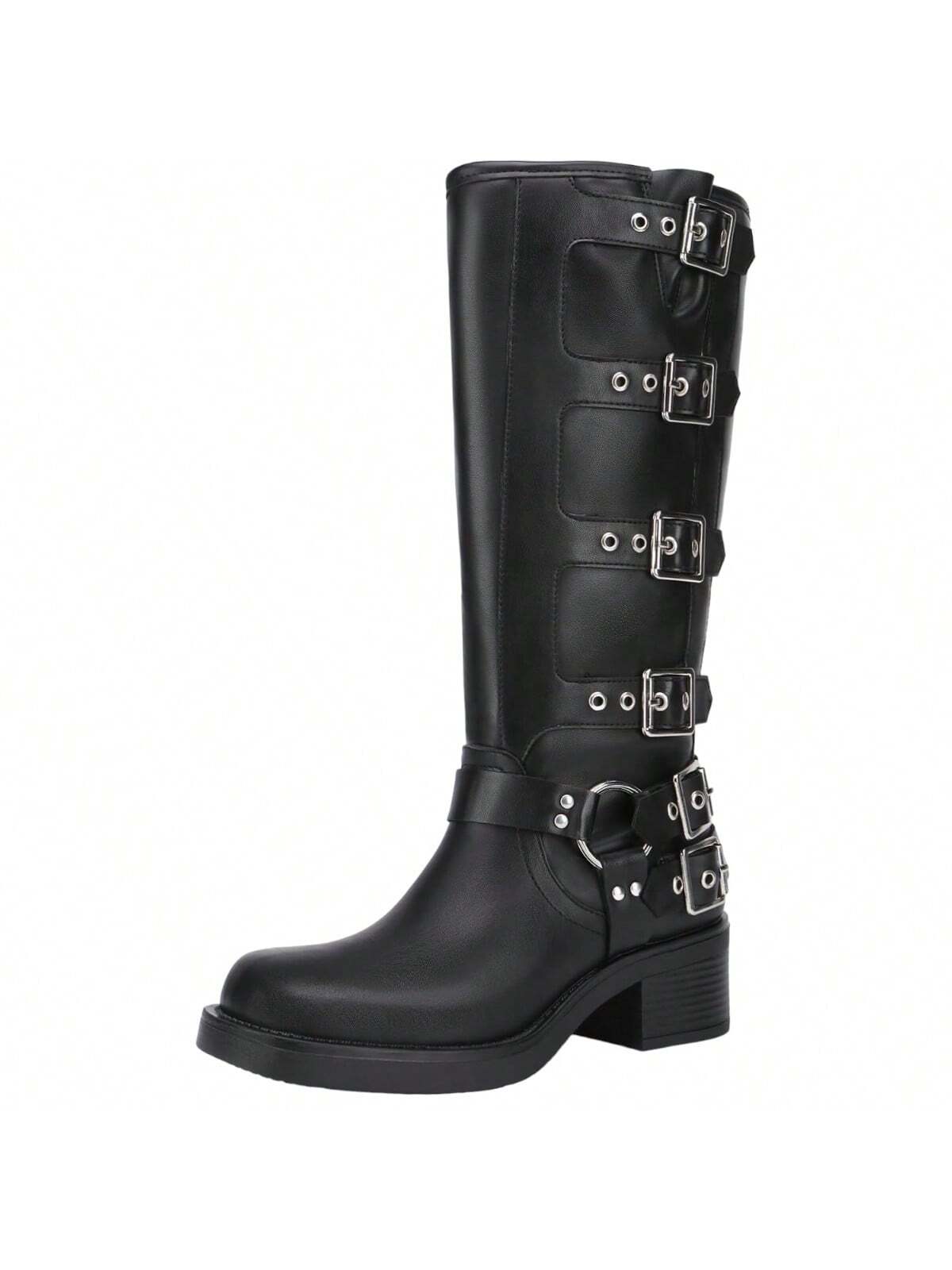 Women's Knee High Riding Boots Fashion Buckle Square Toe Chunky Heel Boots