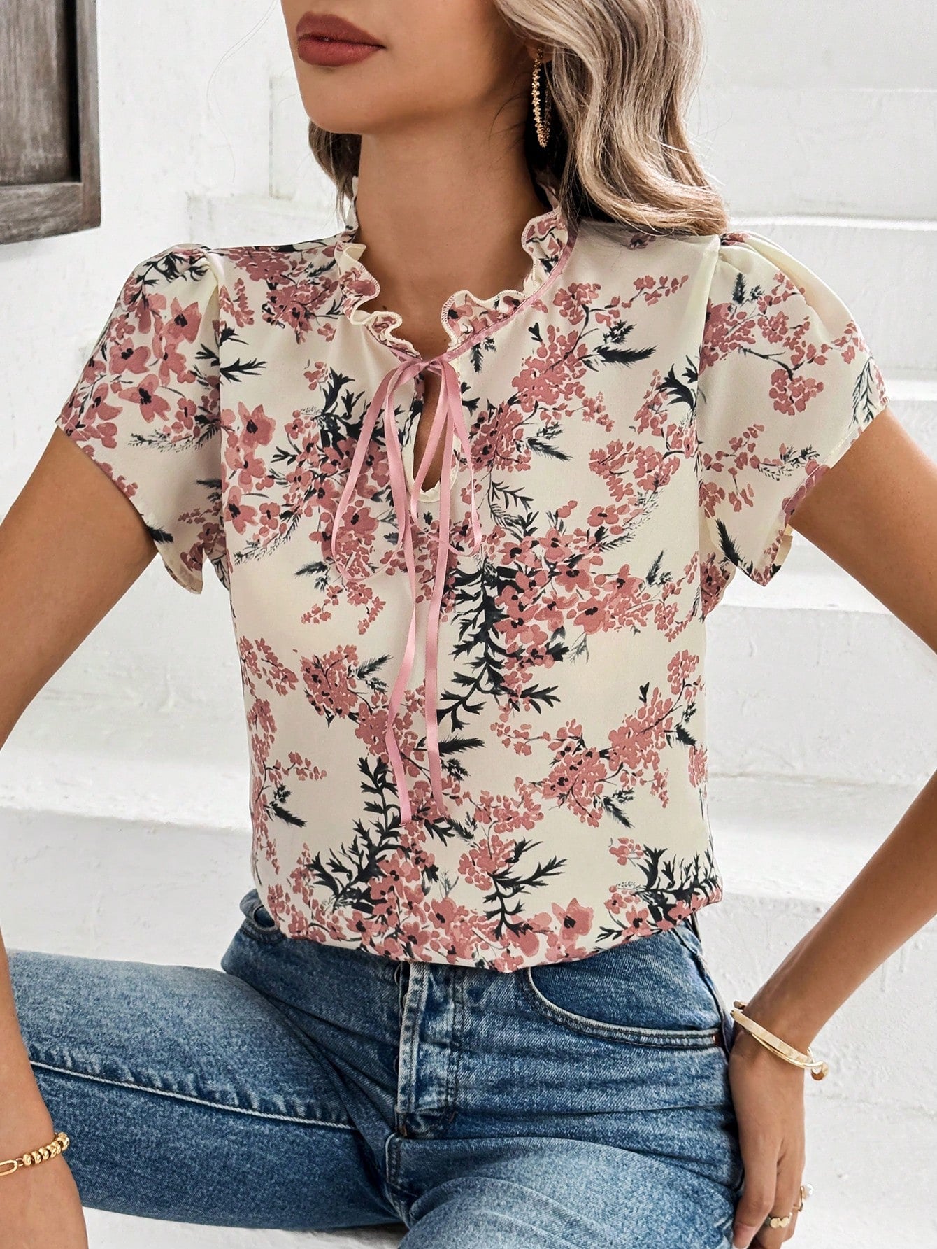 Ladies' Fresh Floral Ruffle Hem Tie-Front Shirt