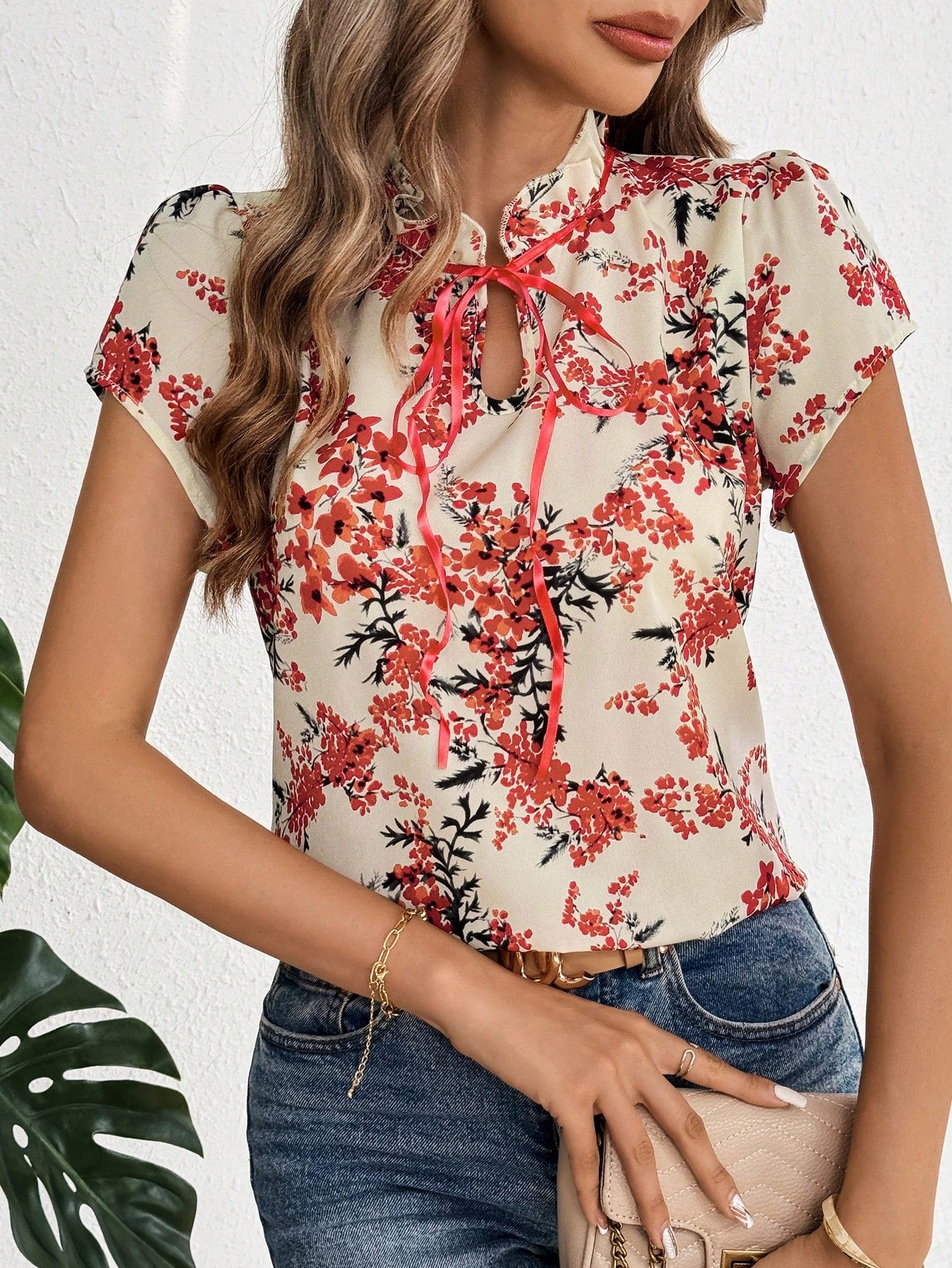 Ladies' Fresh Floral Ruffle Hem Tie-Front Shirt