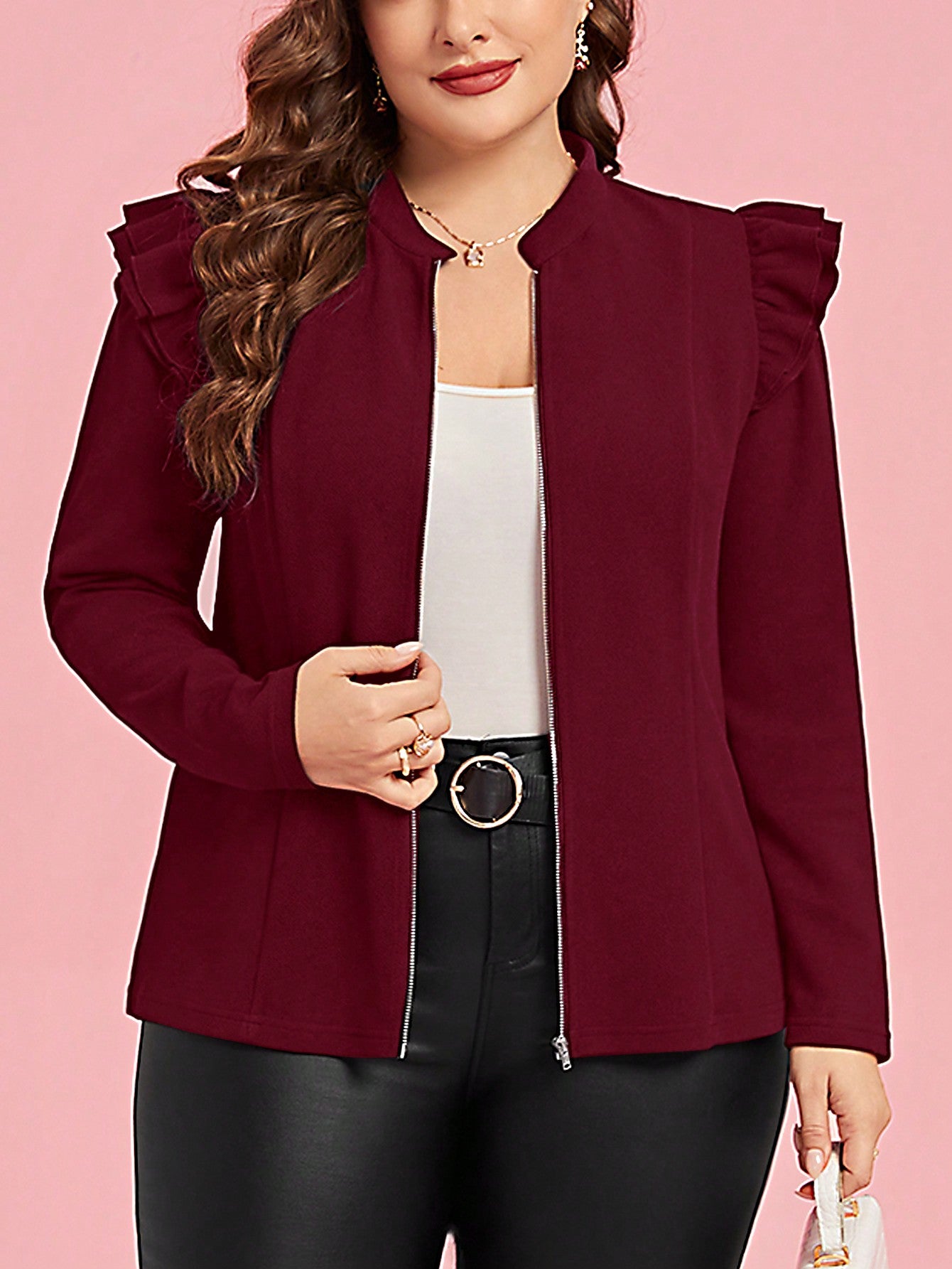 Plus Size Solid Color Ruffle Trim Zipper Jacket