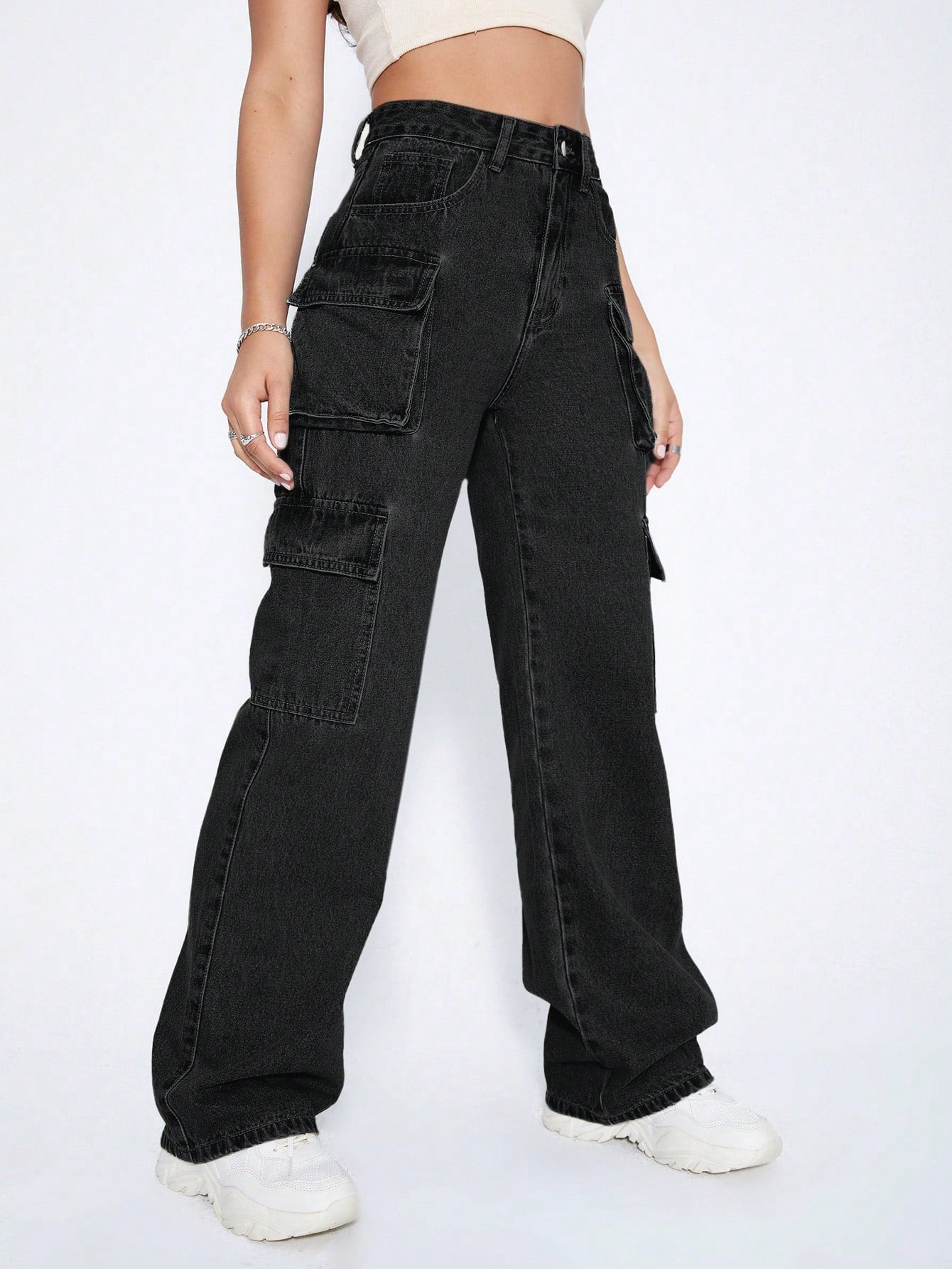 Y2k Black High Waist Flap Pocket Cargo Jeans