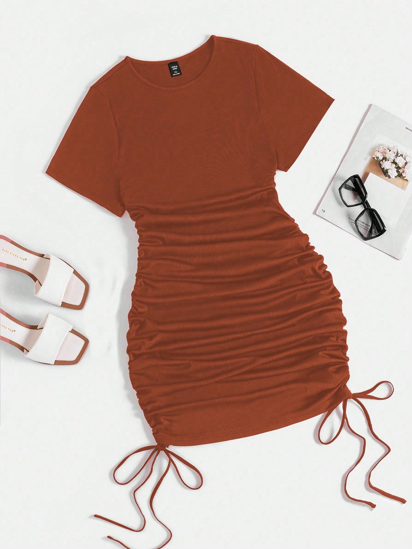 Plus Size Solid Color Dress With Bust Shirring And Hip Hugging Design