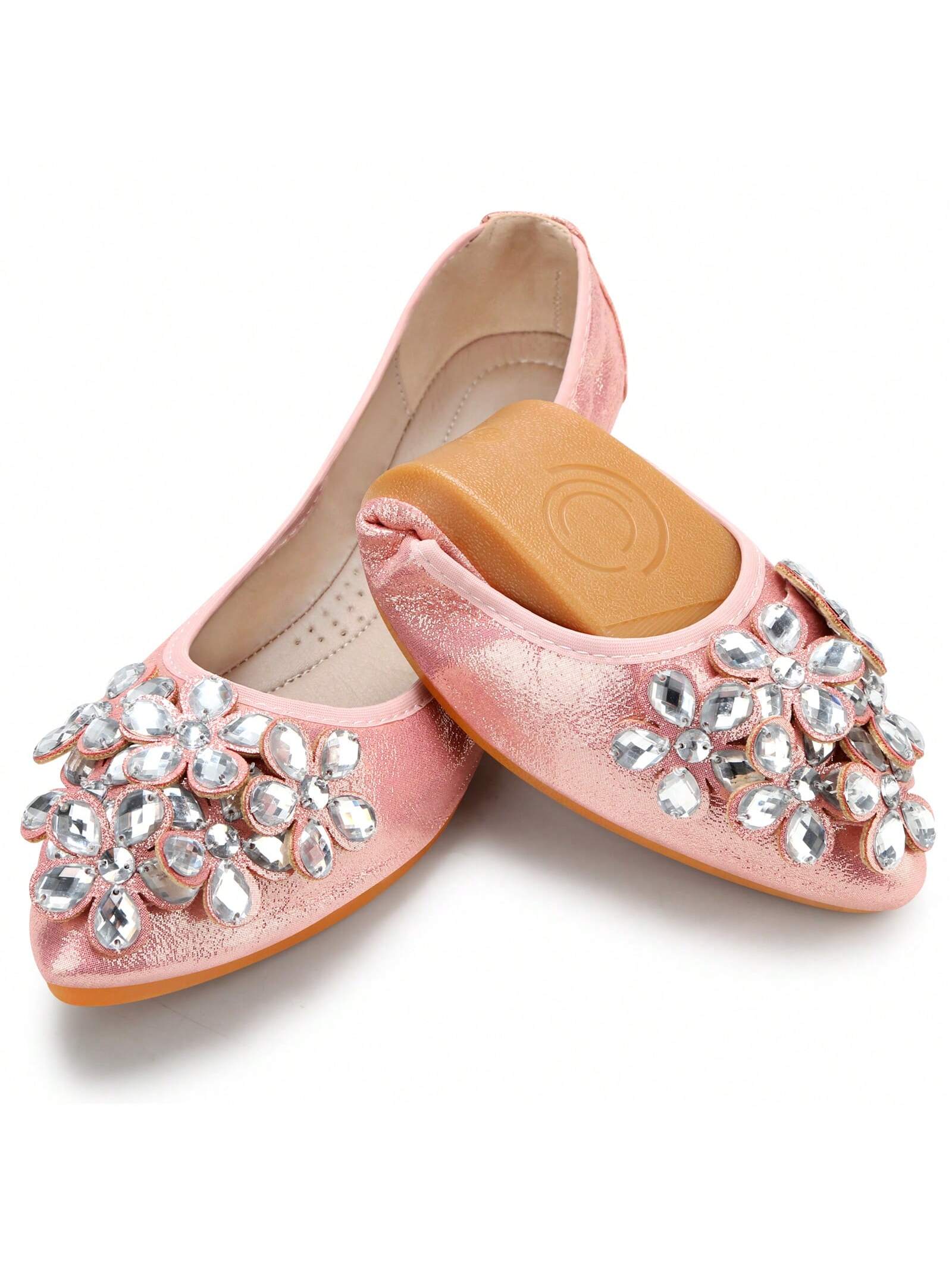 KUNWFNIX Women Ballet Flats Rhinestone Wedding Ballerina Shoes Foldable Sparkly Comfort Slip On Flat Shoes