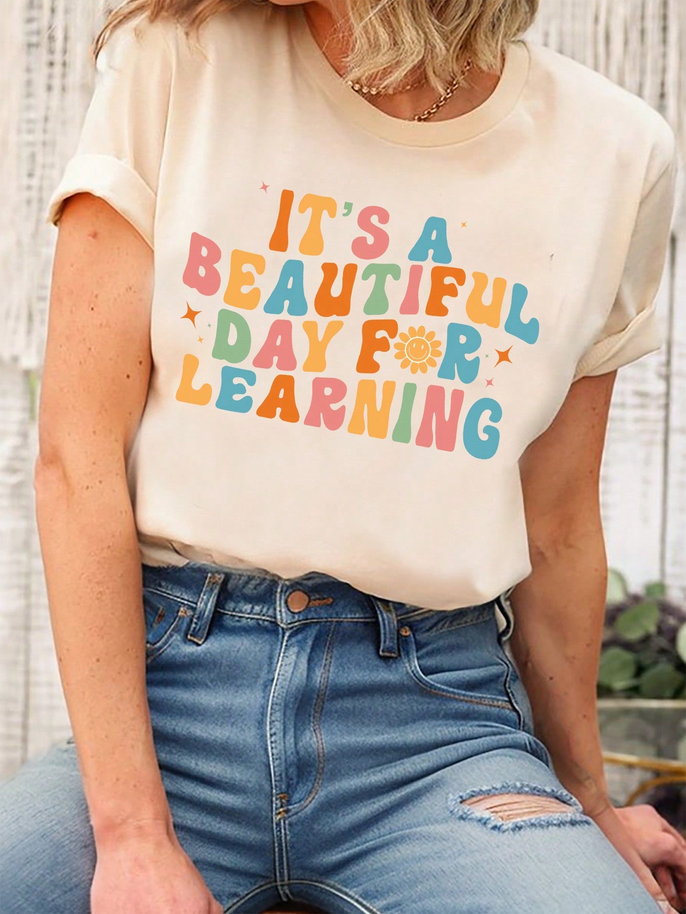 Casual And Simple Teacher Printed Round Neck Short Sleeve Women's T-Shirt, Suitable For Summer TEACHER TEACHER TEACHER TEACHER TEACHER