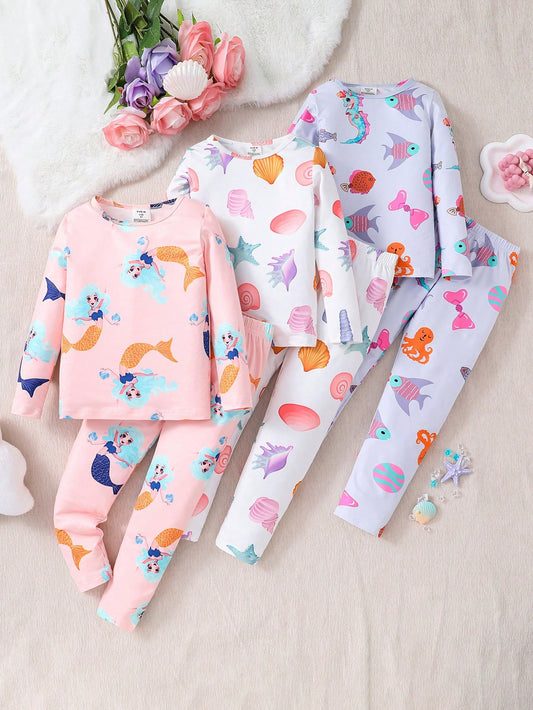 3pcs/Set Girls Snug Fit Pajamas With Cute Ocean Creatures All-Over Print, Long Sleeve Top And Pants