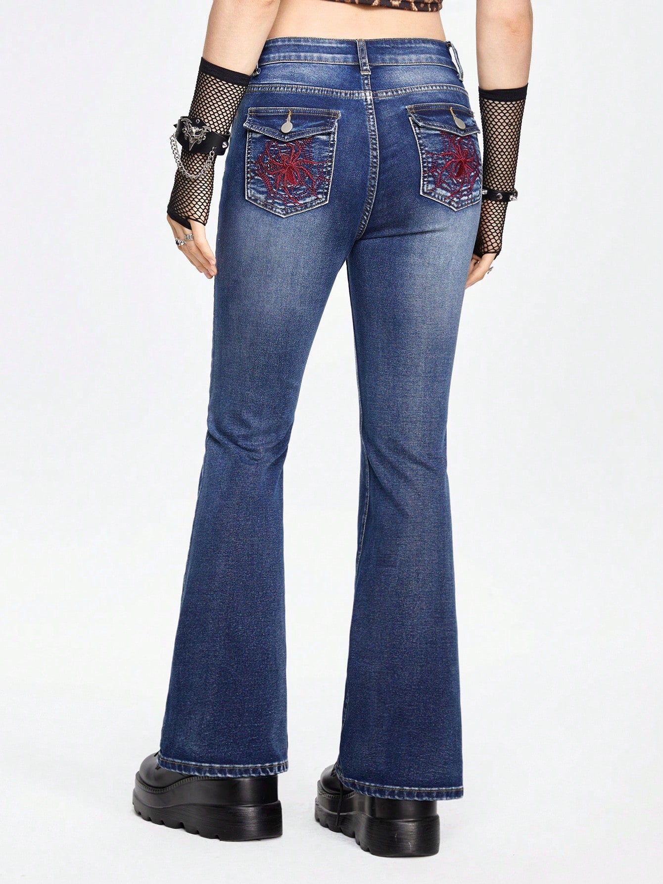 Punk Punk Style Vintage Print Embroidery Flared Jeans For Women, Suitable For Daily Wear