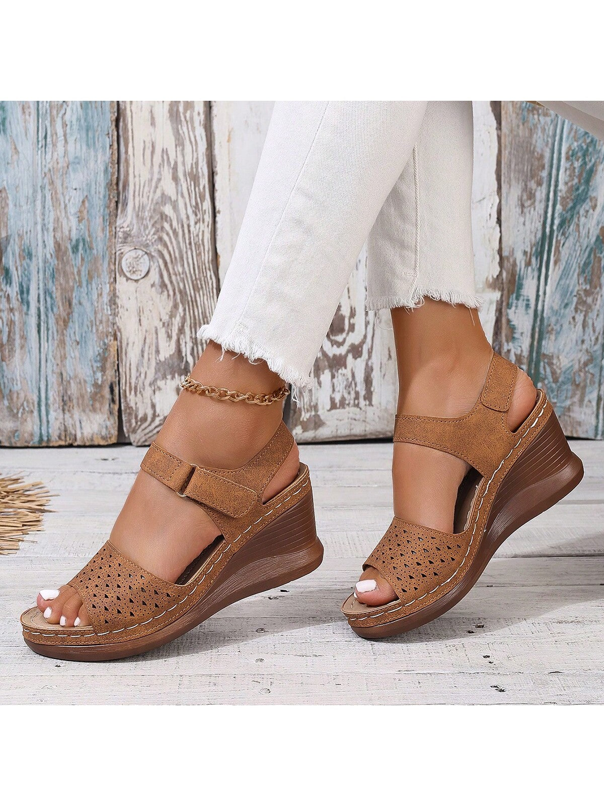 2024 New Arrival Laser-Cut Single Buckle Slingback Comfortable Sandals With Wedge Heels