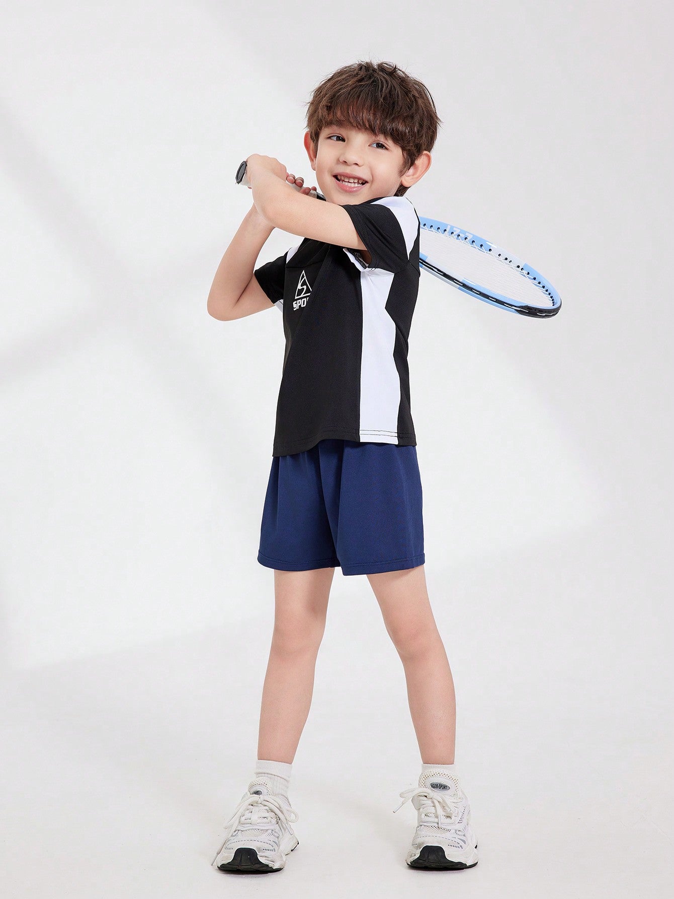 Boys' Fashionable Printed And Spliced Short Sleeve White & Black T-Shirt, Casual And Sporty, Summer