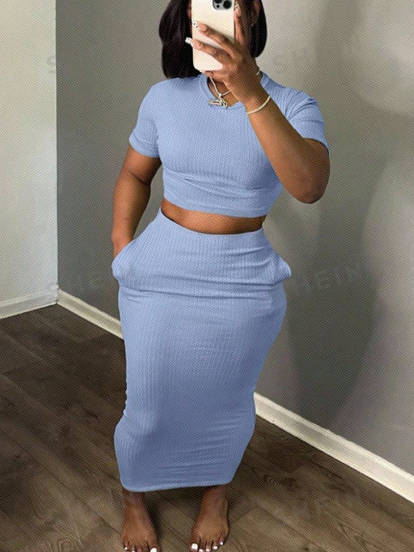 Simple Casual Basic Round-Neck Short Sleeve Top And Shorts & Tight-Fitting High-Waisted Knit Midi Skirt Combo Set For Women, Summer