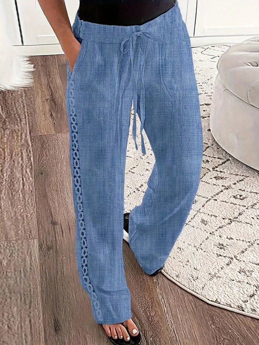 Ladies' Imitation Denim Linen Blend Side Lace Insert Long Pants