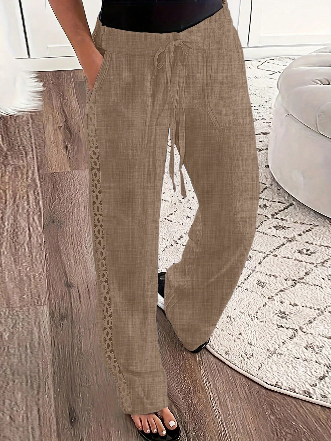 Women's Solid Color Waist Belted Wide Leg Casual Pants With Side Lace Border