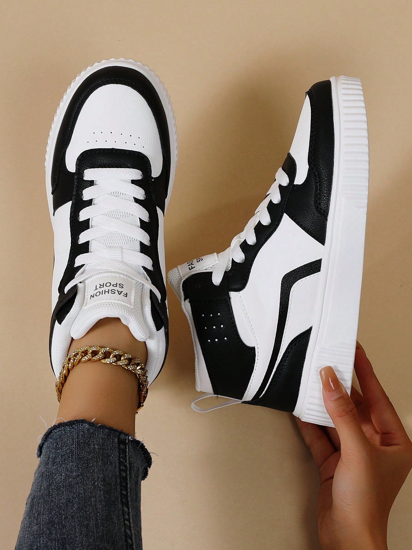 Casual Women's Shoes Pink Color-Block Front Tie Fashionable High Top Sneakers Woman Sports Shoes