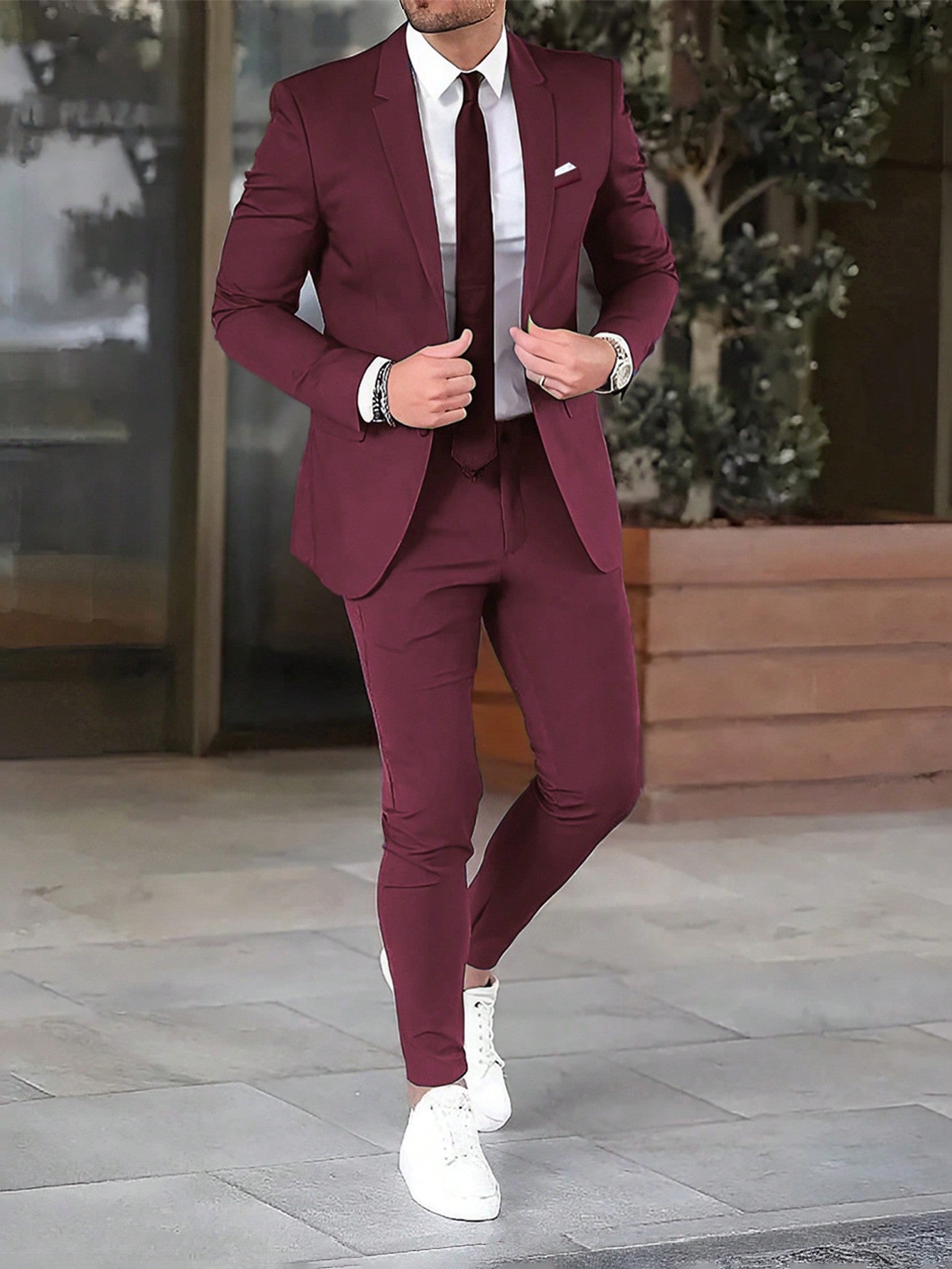 Men's Spring & Autumn Plain Suit With Contrast Collar, Long Sleeve Jacket And Pants, For Daily Or Business Travel