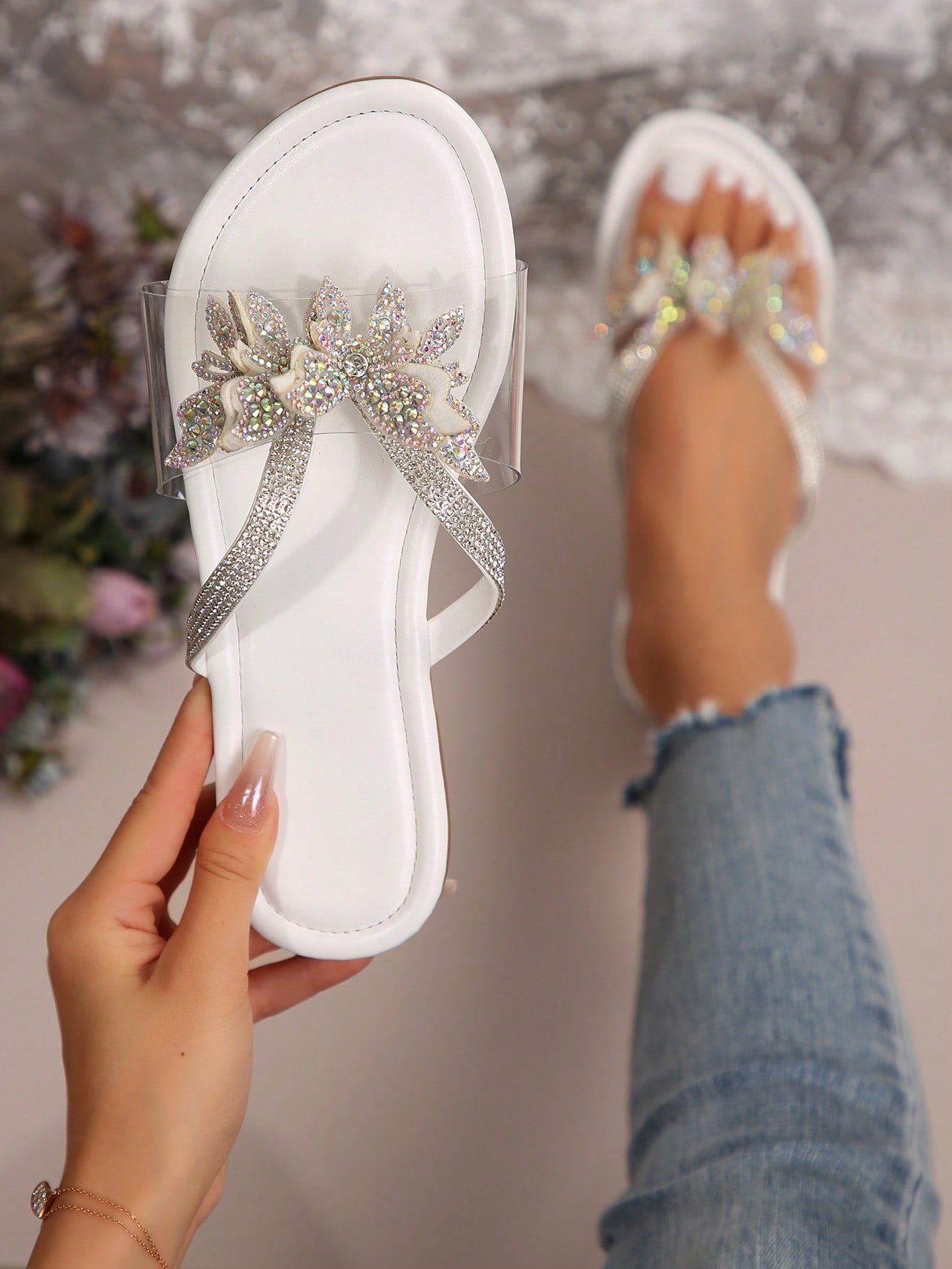 Women's Sandals 24th Anniversary Flat Bottom Rhinestone Slippers, Fashionable Plus Size Butterfly Slipper Shoes, Outdoor Wear With Round Toe